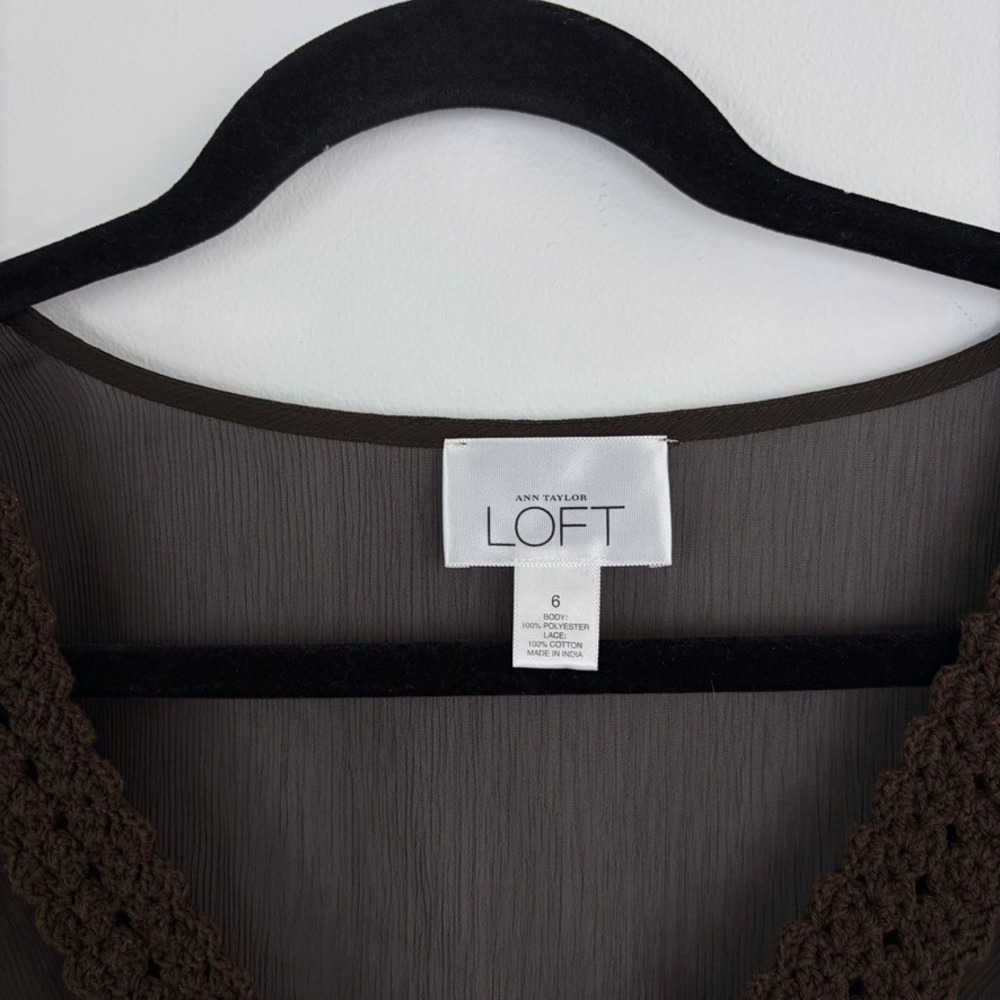 Y2K Babydoll Blouse Loft Sheer Long Sleeve Brown V-neck Fairycore Top Size 6 - Picture 3 of 8